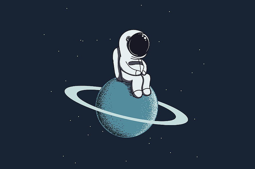 Cute Astronaut Sitting on a Ringed Planet in a Minimalist Space Illustration HD wallpaper