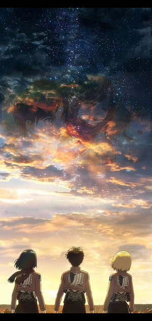 Attack on Titan Eren Mikasa and Armin Gazing at Starry Sky HD phone wallpaper