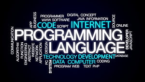 Programming Language Word Cloud with Code and Internet Keywords on Dark Background HD wallpaper