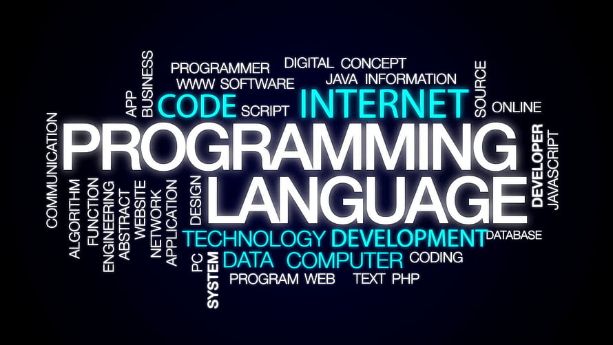 Programming Language Word Cloud with Code and Internet Keywords on Dark Background HD wallpaper