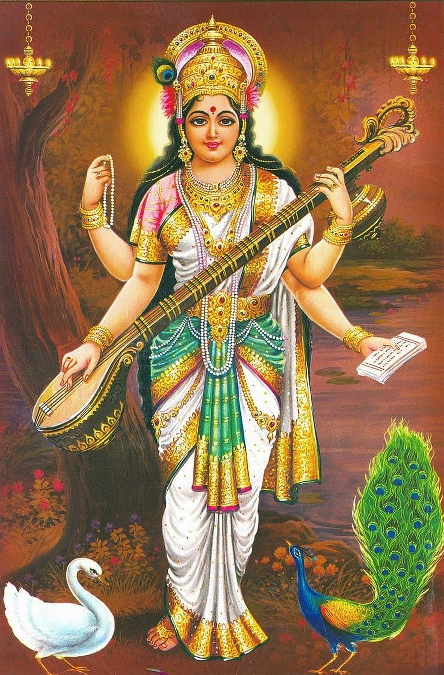 Saraswati Goddess Playing Veena With Peacock And Swan HD phone wallpaper