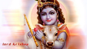 Lord Krishna Embracing a Sacred Cow with Flute and Divine Halo HD wallpaper