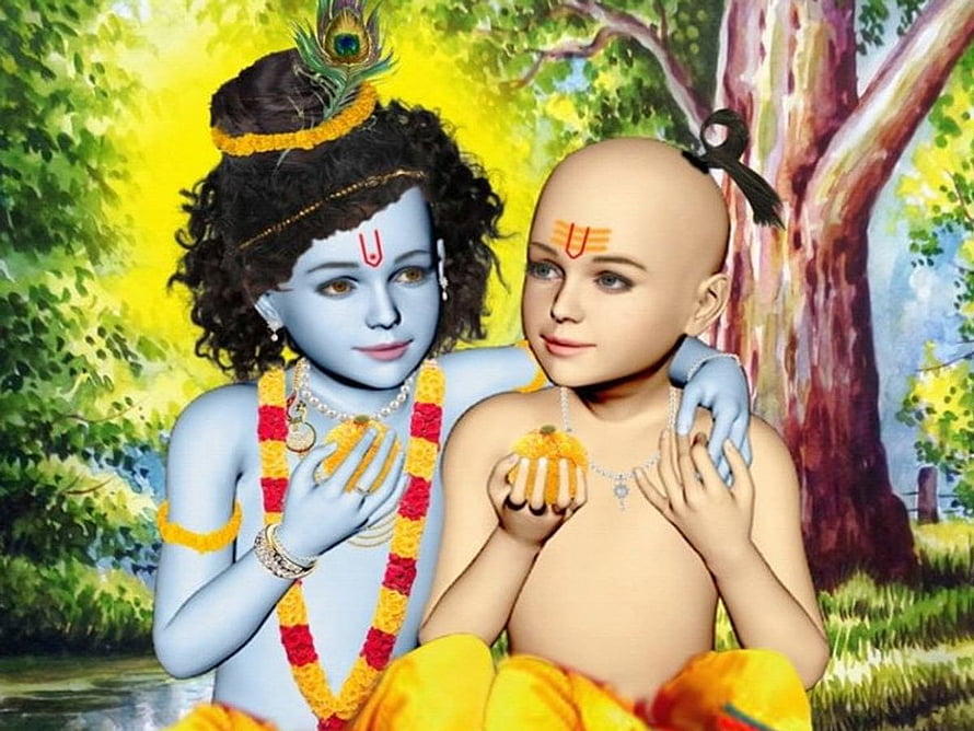 Krishna and Balarama Sitting Together in a Lush Forest with Peacock Feather and Tulsi Garland HD wallpaper