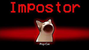 Pop Cat Meme as the Impostor with Red Pixel Text on Black Background HD wallpaper