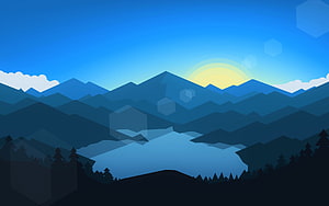 Minimalist Vector Landscape with Layered Mountains, Lake, and Setting Sun HD wallpaper