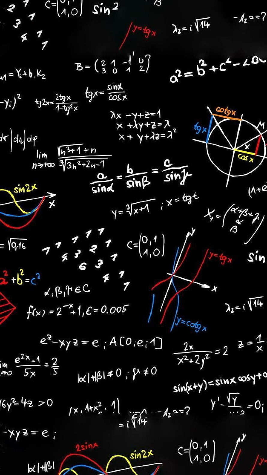 Colorful Mathematical Equations and Graphs on Black Chalkboard Background HD phone wallpaper