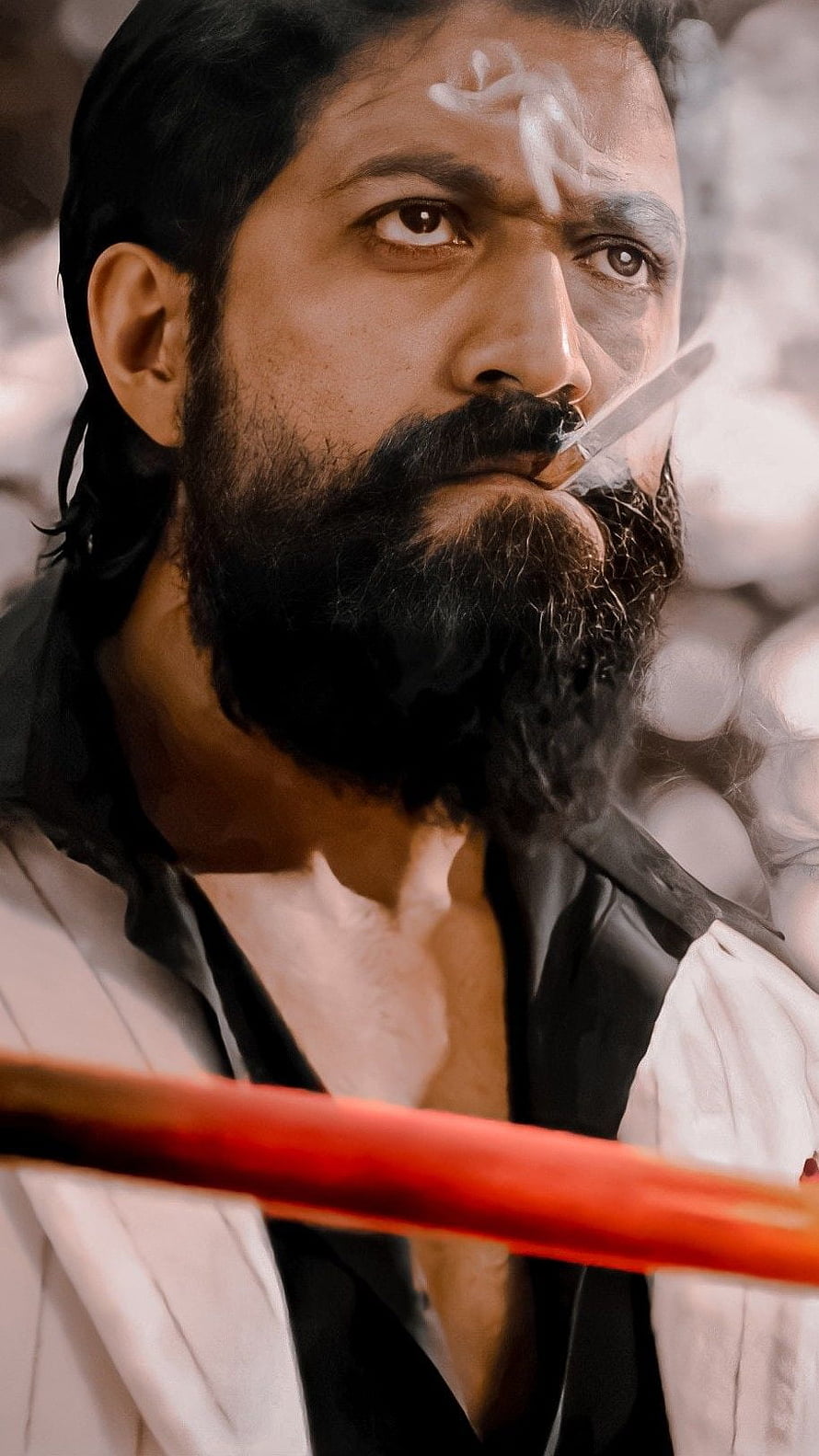 Intense portrait of a bearded warrior with white forehead markings and a blade in mouth HD phone wallpaper