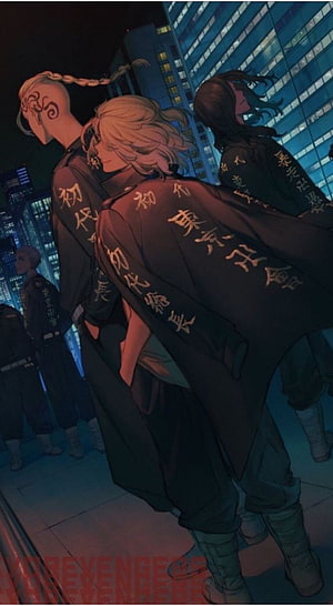 Tokyo Revengers Toman Gang Members in Black Jackets Against Night City Skyline, Tokyo revengers, baji, mikey, draken, toman, tokyomanjigang, Tokyorevengers, kenny, anime HD phone wallpaper