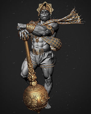 Hanuman 3D Sculpture with Golden Mace and Ornate Crown, ArtStation - Hanuman Hindu God, Gaurav Kumar, Lord Hanuman 3D HD phone wallpaper