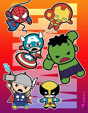 Chibi Style Marvel Avengers Team Including Spider-Man, Iron Man, Captain America, Hulk, Thor, and Wolverine HD phone wallpaper