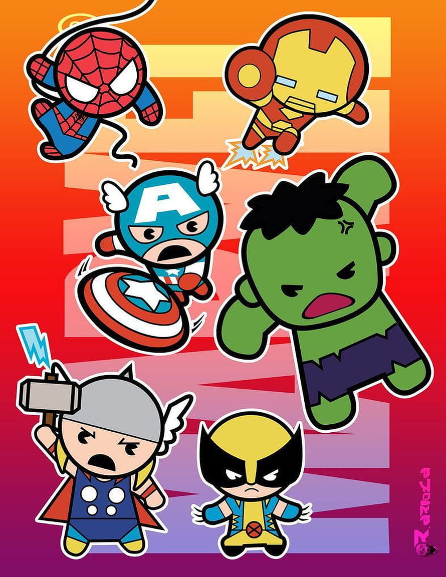 Chibi Style Marvel Avengers Team Including Spider-Man, Iron Man, Captain America, Hulk, Thor, and Wolverine HD phone wallpaper