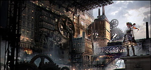 Steampunk Cityscape with Gears and Victorian Architecture HD wallpaper