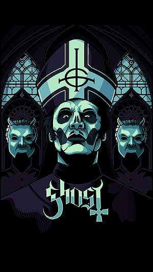 Ghost Band Papa Emeritus Gothic Cathedral Illustration with Devil Masks and Stained Glass HD phone wallpaper