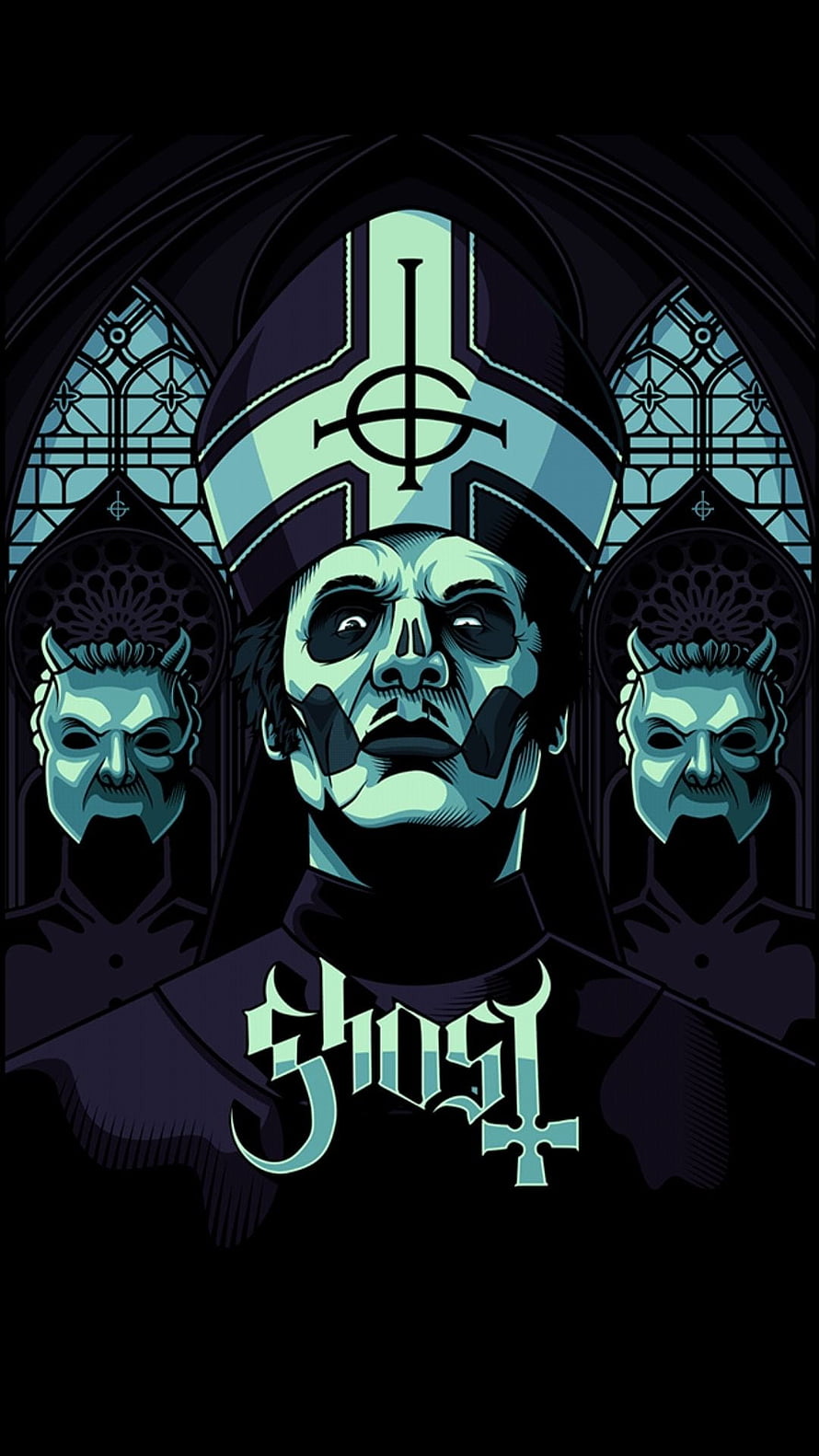 Ghost Band Papa Emeritus Gothic Cathedral Illustration with Devil Masks and Stained Glass HD phone wallpaper