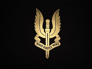 Golden SAS Wings Logo with Who Dares Wins Motto on Black Background HD wallpaper