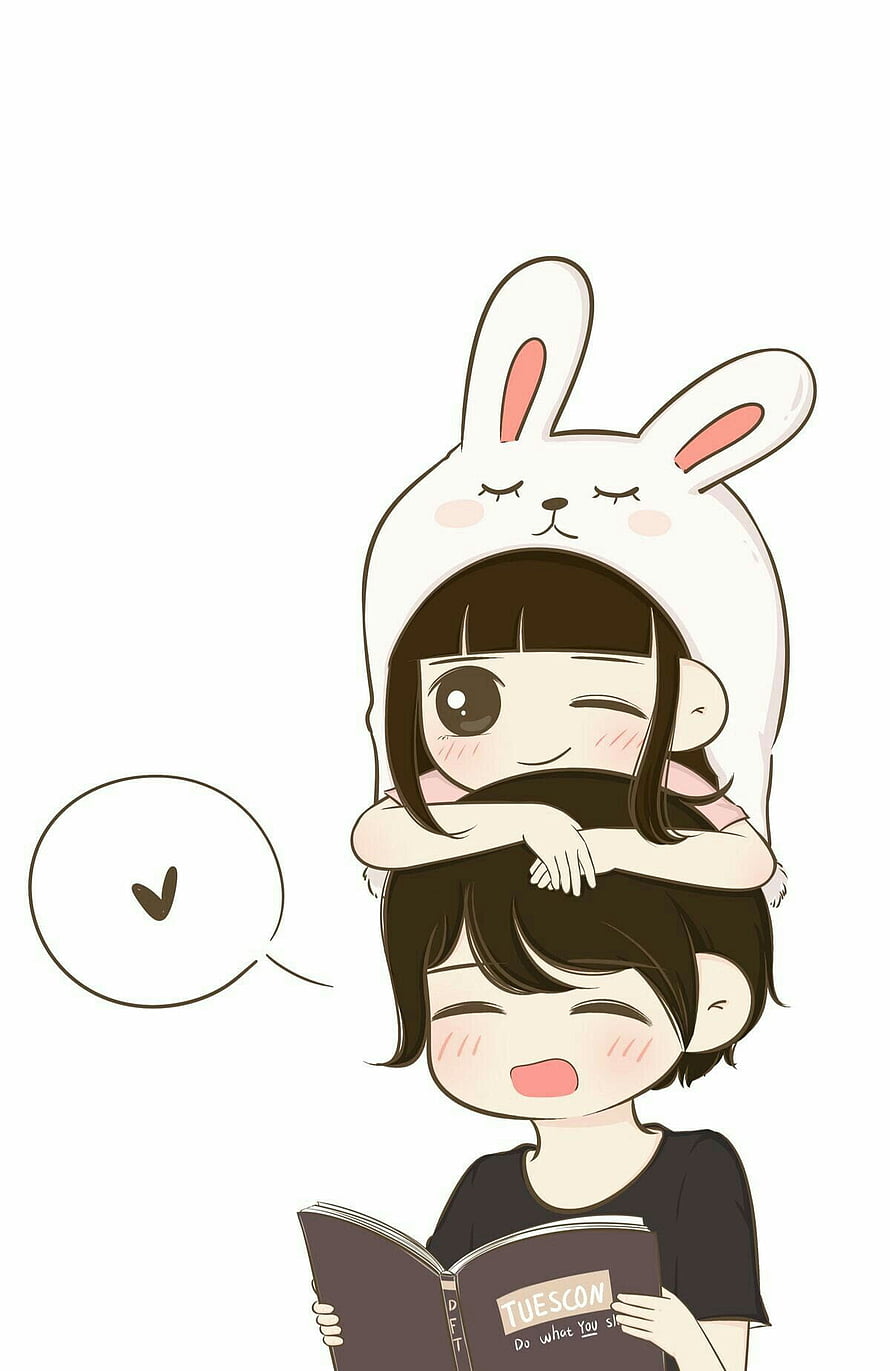 Cute cartoon girl wearing bunny hat hugging boy reading book HD phone wallpaper