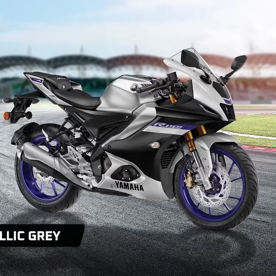 Yamaha R15 V4 Metallic Grey Sportbike on Racetrack with Purple Wheels HD phone wallpaper