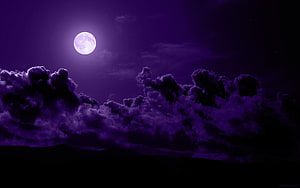 Full Moon Rising Over Dramatic Purple Clouds at Night HD wallpaper