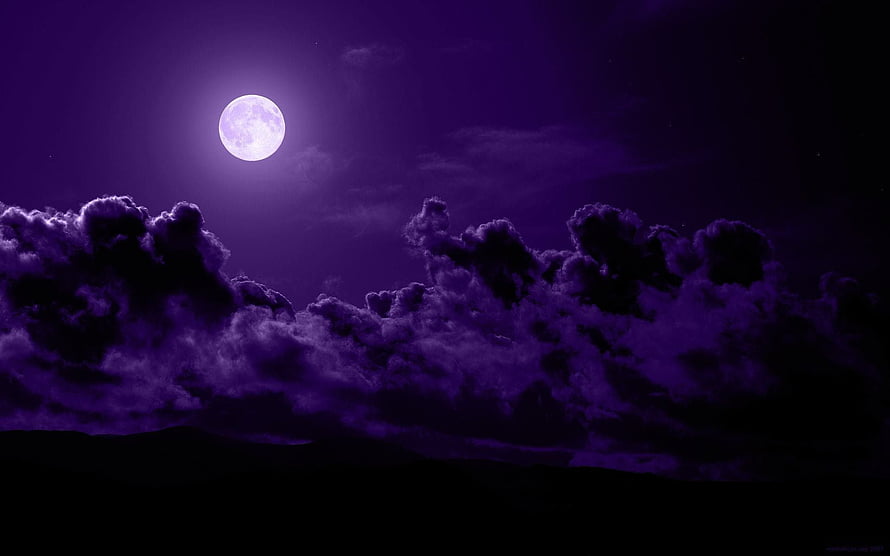Full Moon Rising Over Dramatic Purple Clouds at Night HD wallpaper