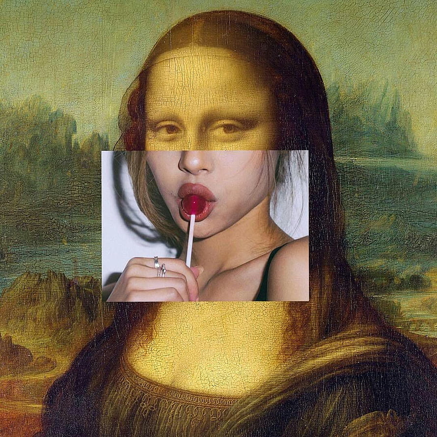 Mona Lisa Parody Collage with Modern Portrait Overlay and Lollipop HD phone wallpaper