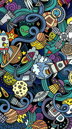 Colorful Retro Space Illustration With Rockets, Planets, Aliens, and UFOs HD phone wallpaper