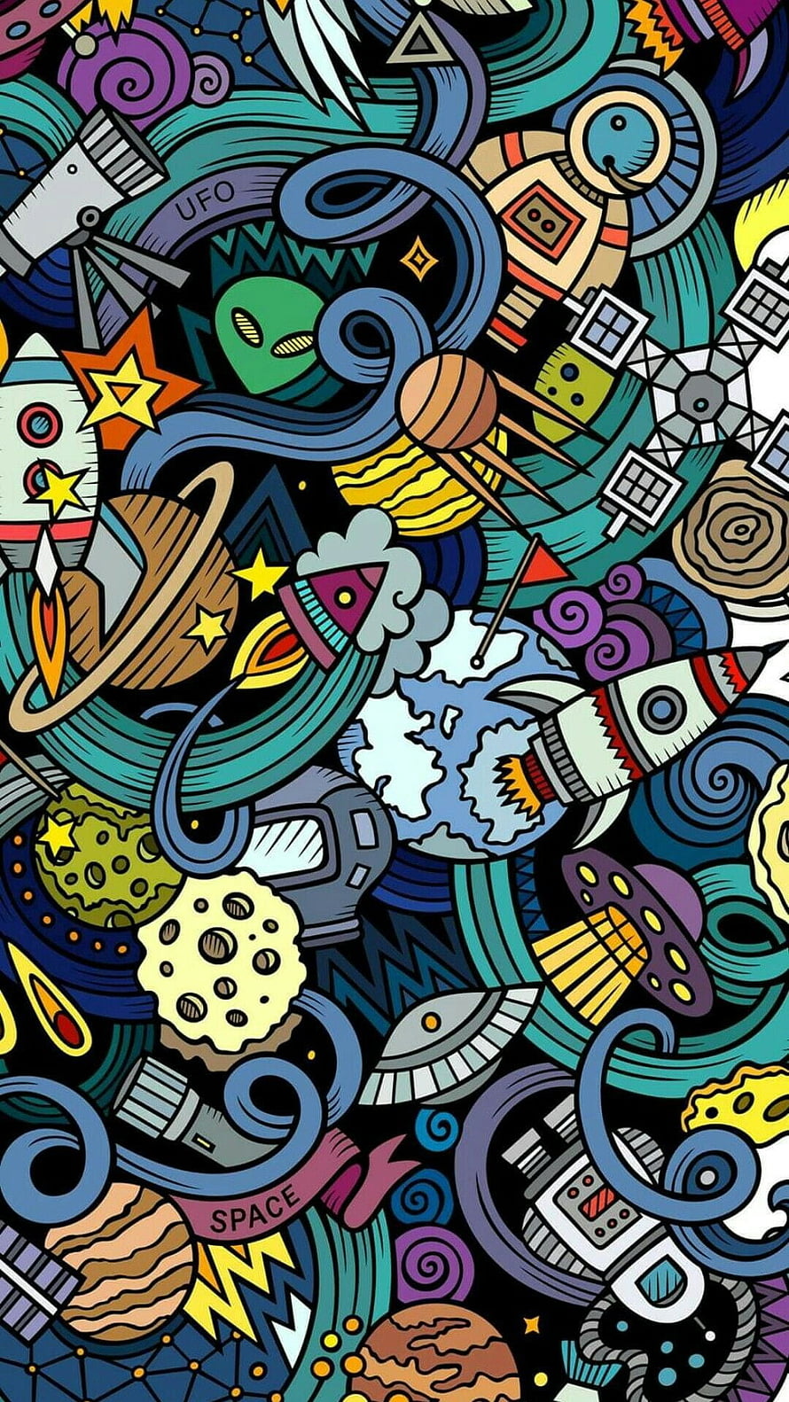 Colorful Retro Space Illustration With Rockets, Planets, Aliens, and UFOs HD phone wallpaper