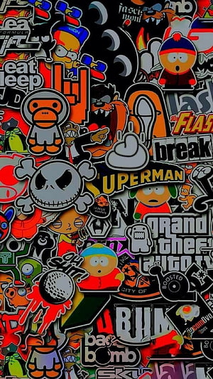 Hypebeast sticker bomb collage with pop culture and cartoon characters HD phone wallpaper