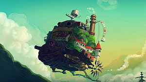 Studio Ghibli Style Floating Island Village With Steampunk Airship In Cloudy Sky HD wallpaper