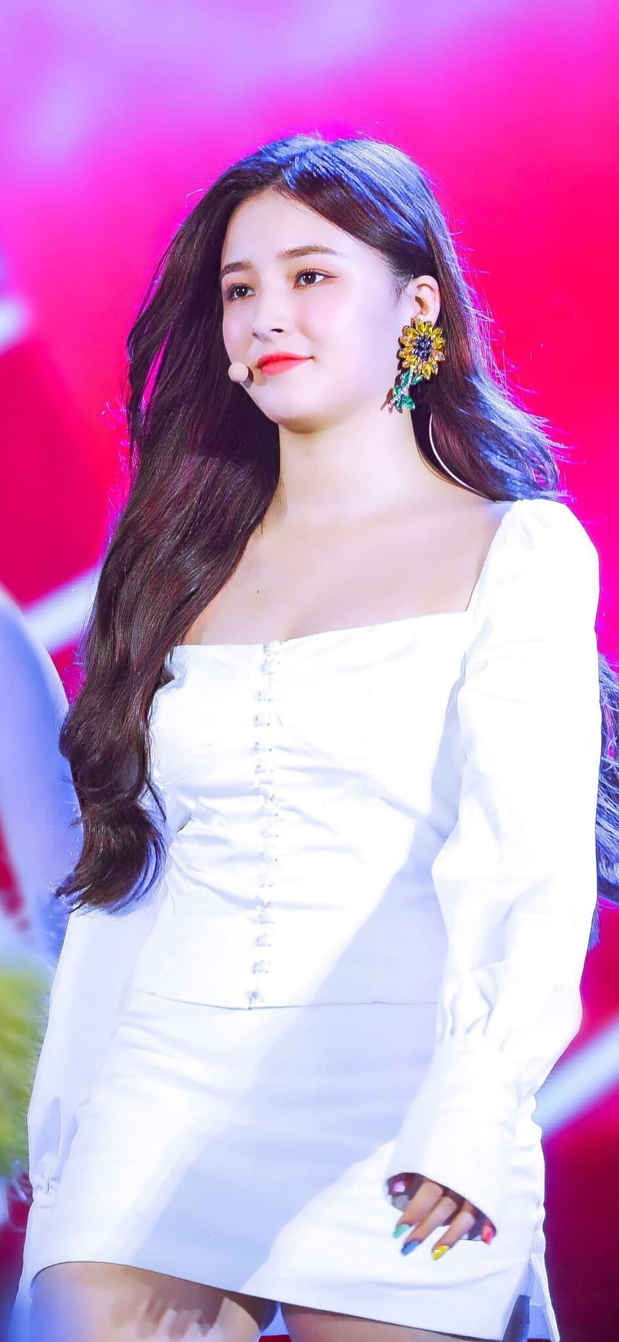 Nancy from Momoland in a white dress on stage with vibrant pink lighting HD phone wallpaper
