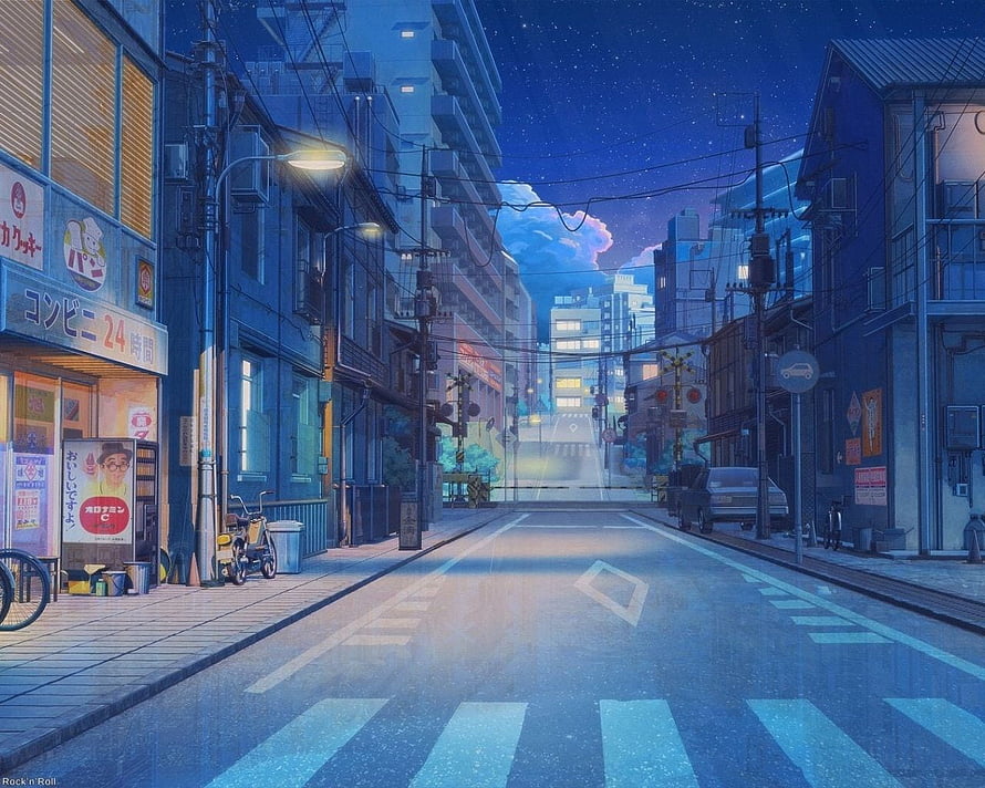Lofi Anime Japanese Street Night Scene With Starry Sky And Convenience Store HD wallpaper