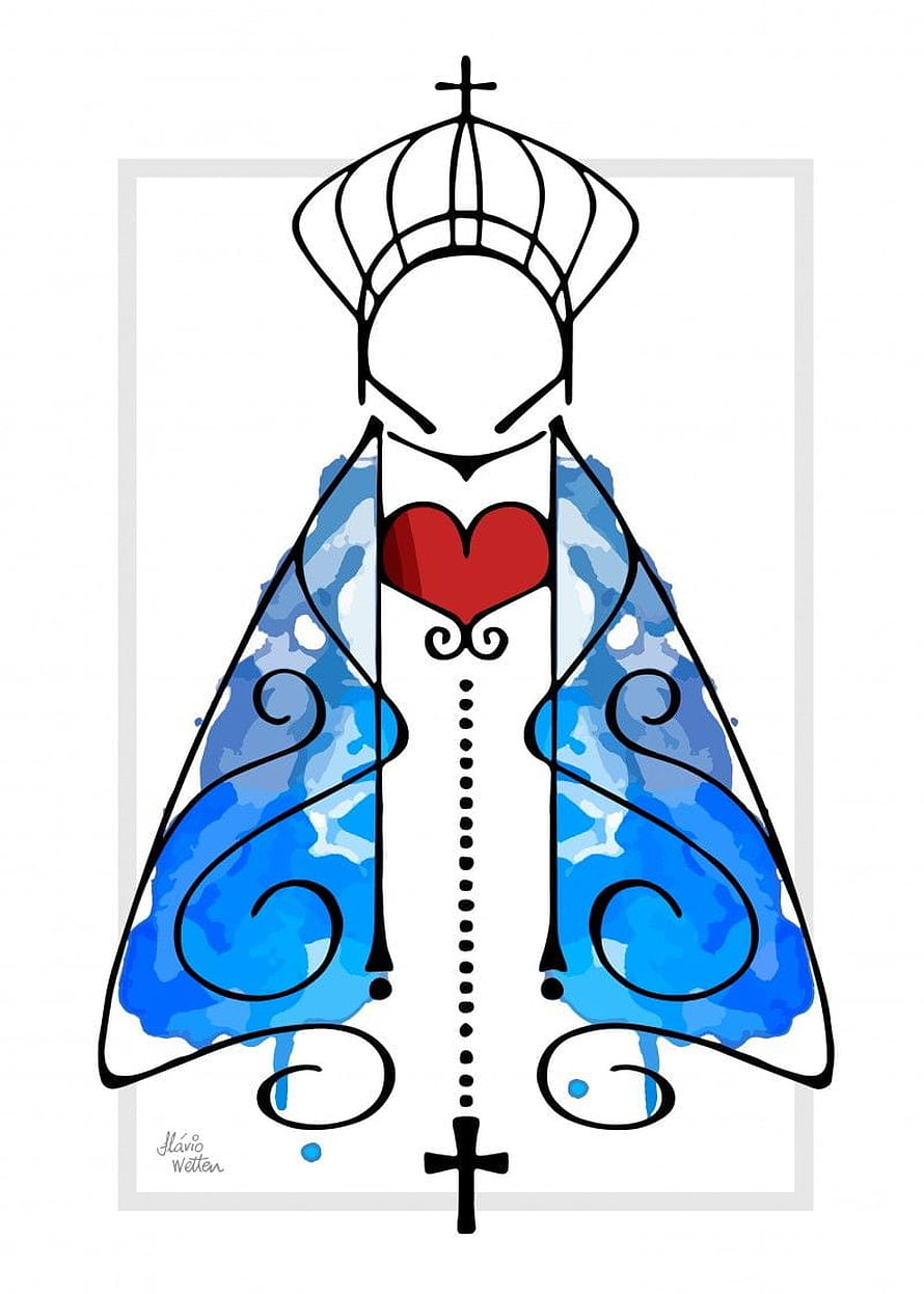 Nossa Senhora Aparecida minimalist line art with watercolor blue accents and red heart HD phone wallpaper