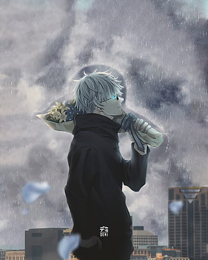 Gojo Satoru from Jujutsu Kaisen holding flowers in the rain anime wallpaper HD phone wallpaper