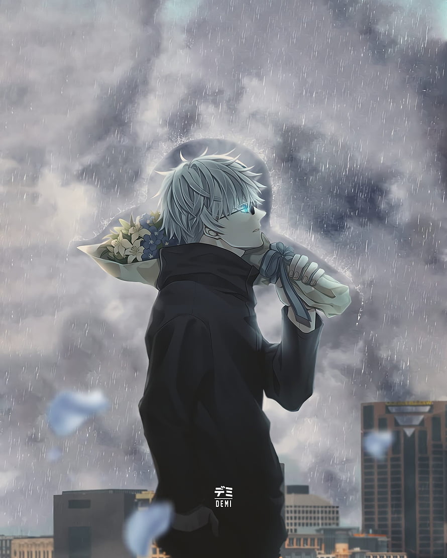 Gojo Satoru from Jujutsu Kaisen holding flowers in the rain anime wallpaper HD phone wallpaper