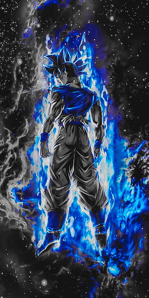 Goku Ultra Instinct Anime Character with Blue Energy Aura in Cosmic Space HD phone wallpaper