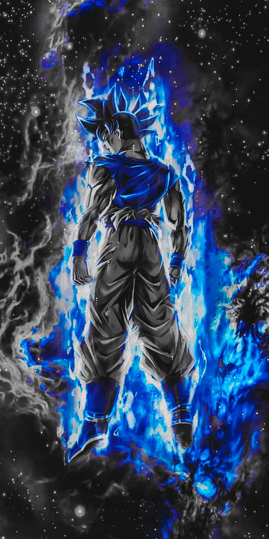Goku Ultra Instinct Anime Character with Blue Energy Aura in Cosmic Space HD phone wallpaper