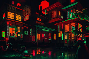 Neon-lit cyberpunk street scene with traditional Asian architecture, glowing red and green signs, and wet reflective pavement at night HD wallpaper