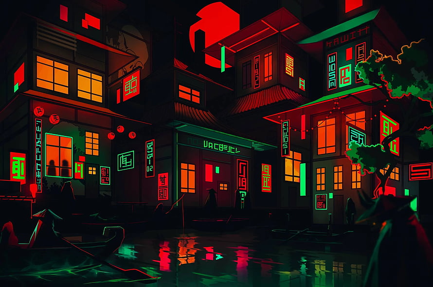 Neon-lit cyberpunk street scene with traditional Asian architecture, glowing red and green signs, and wet reflective pavement at night HD wallpaper