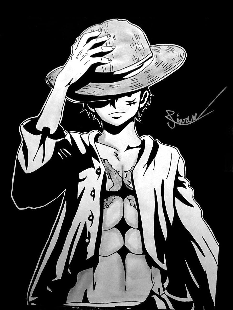 Monkey D. Luffy One Piece Anime Character Black and White Illustration HD phone wallpaper