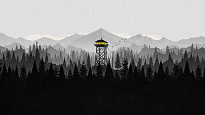 Firewatch Game Artwork Featuring Silhouetted Watchtower in Rainy Pine Forest HD wallpaper