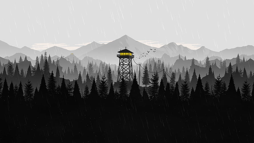 Firewatch Game Artwork Featuring Silhouetted Watchtower in Rainy Pine Forest HD wallpaper