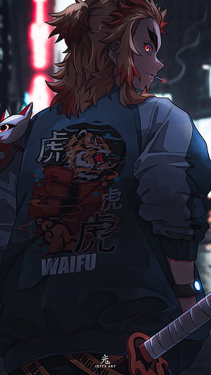 Kyojuro Rengoku Cyberpunk Anime Illustration with Katana and Tiger Graphic HD phone wallpaper
