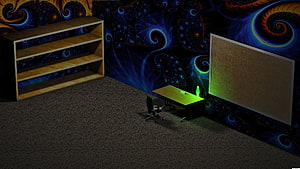 3D Rendered Office Interior with Fractal Wallpaper and Wooden Bookshelf HD wallpaper