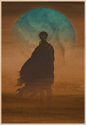 Dune Character Silhouette with Glowing Eyes and Halo Against a Teal Moon HD phone wallpaper
