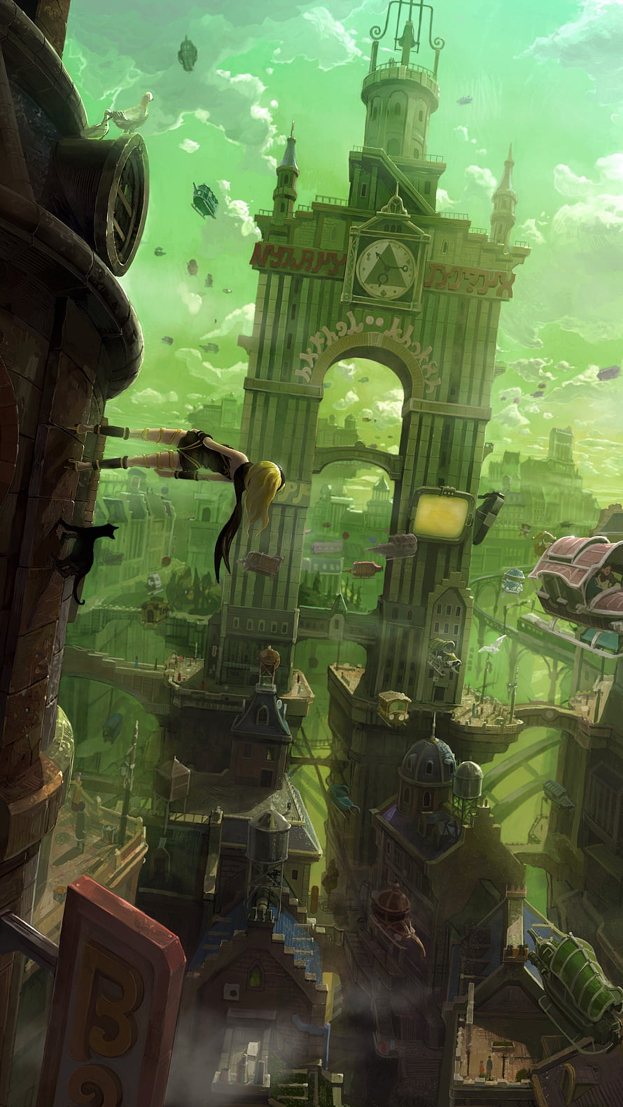 Gravity Rush Concept Art: Rave Tending to a Clock Tower in a Floating Steampunk City HD phone wallpaper