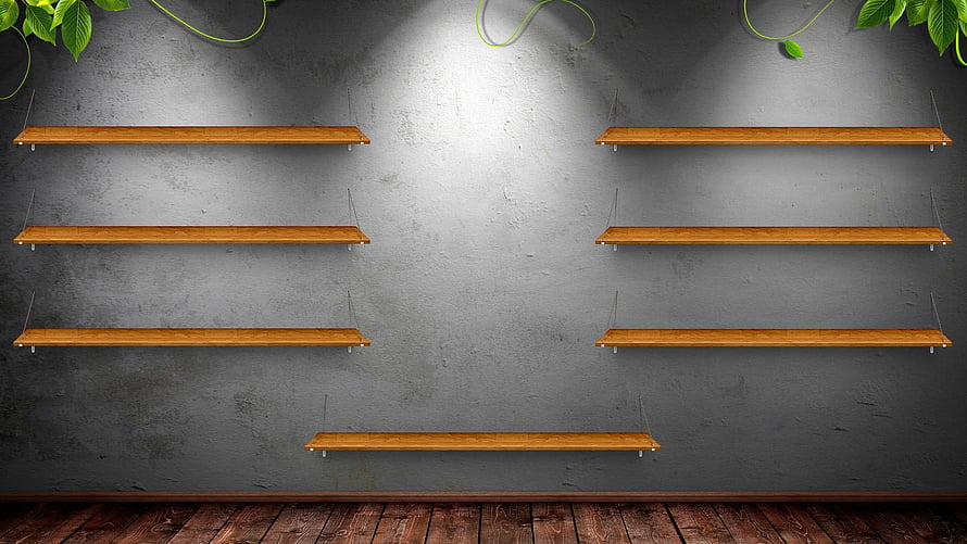 Empty Wooden Shelves on Grey Concrete Wall with Green Vines and Wooden Floor HD wallpaper