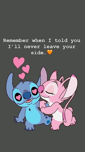 Stitch and Angel Kissing with Floating Hearts on Dark Background HD phone wallpaper