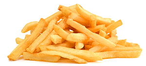 Golden Crispy French Fries Pile on White Background HD wallpaper