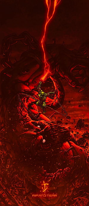 Doom Slayer battling a massive red demon in a hellish landscape with chains and lightning HD phone wallpaper