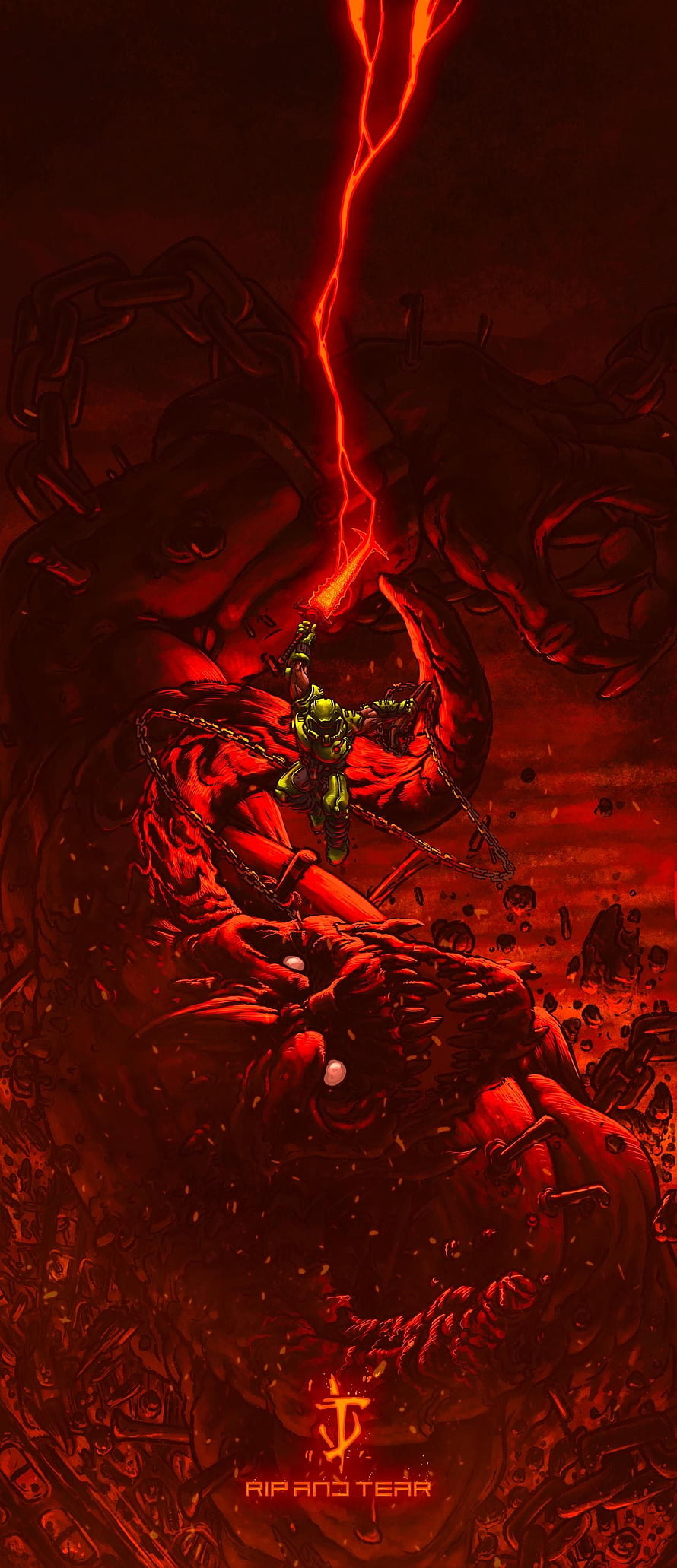 Doom Slayer battling a massive red demon in a hellish landscape with chains and lightning HD phone wallpaper