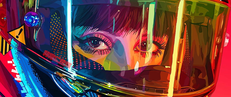 Cyberpunk Anime Girl in Futuristic Helmet with Neon Reflections and Vibrant Colors HD wallpaper